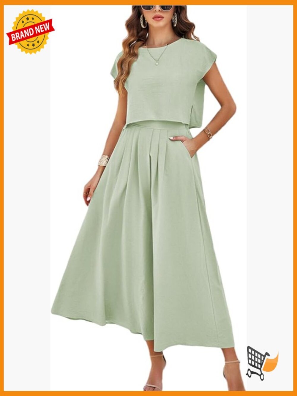 Women's 2 Piece Skirt Set Cap Sleeve Top Elastic Waist Maxi Dress with Pockets